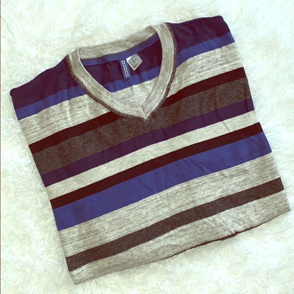 Divided H&M Men’s XL Black Blue Striped V-Neck Pullover Sweater Casual Classic